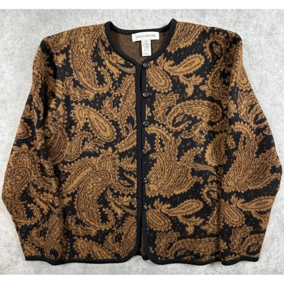 Jones New York Sweaters - Jones New York Vintage Womens Medium Cardigan Lambswool Brown Black Paisley